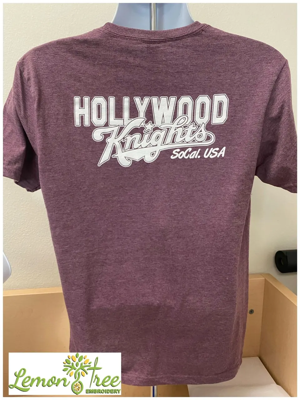 Maroon tee printed with Hollywood Knights SoCal USA in white