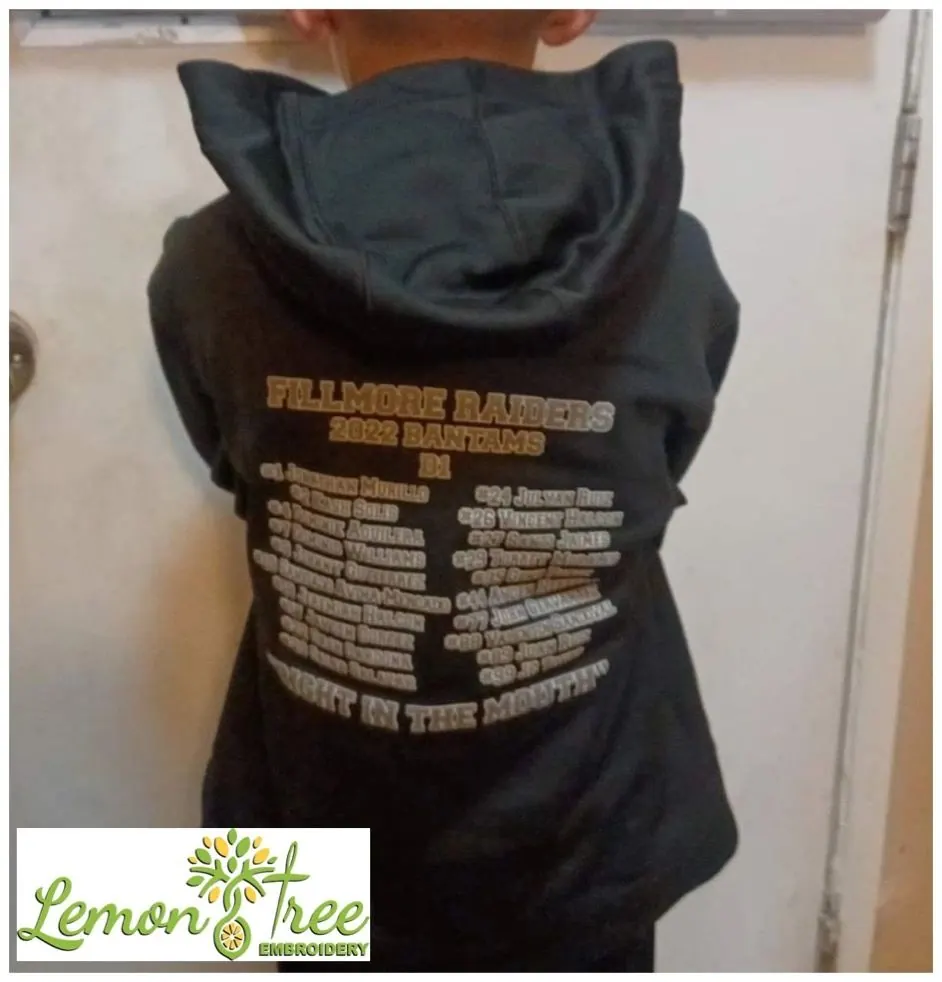 Back of a black hoodie printed with the Fillmore Raiders 2022 roster