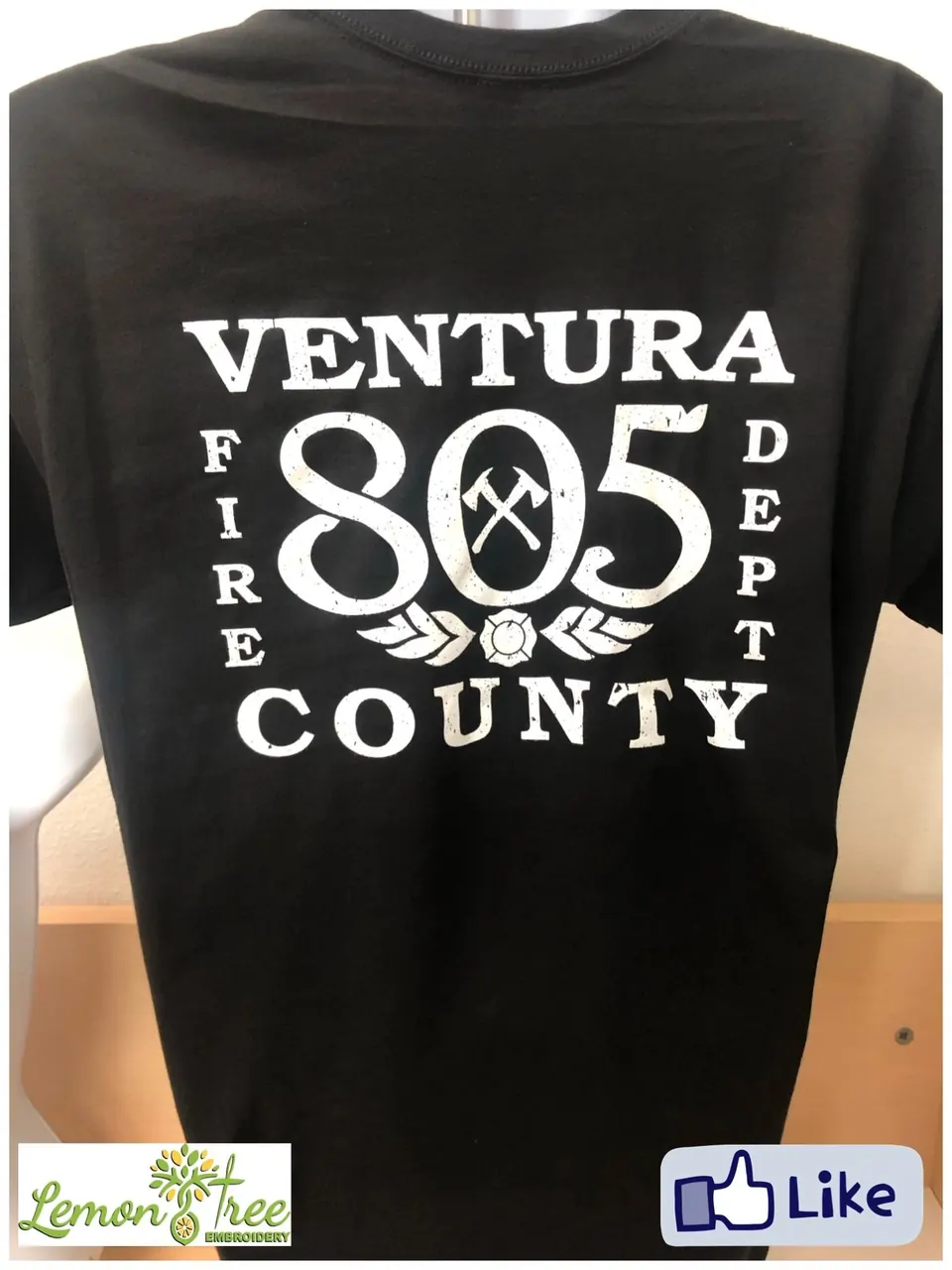 Black tee screen printed with Ventura County Fire Dept 805 in white